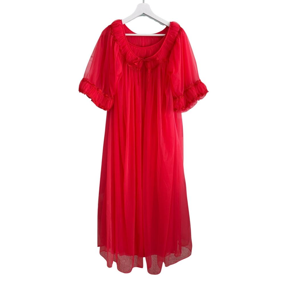 Vintage 60s Tosca Peignoir Lingerie Set Neon Pink Red Sheer Dress & Bed Jacket S